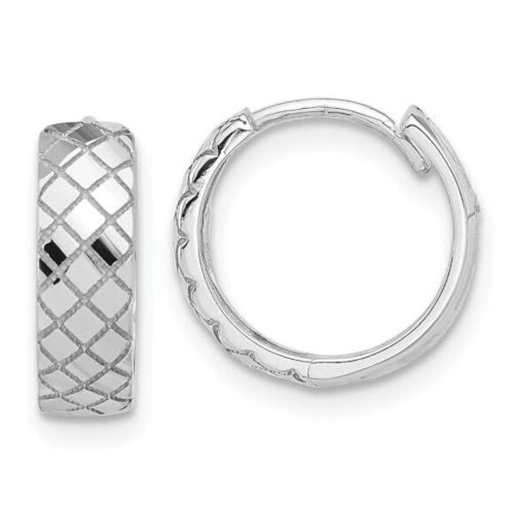 Kazi Luxury 14K White Gold Polished and Etched Hinged Hoop Earrings